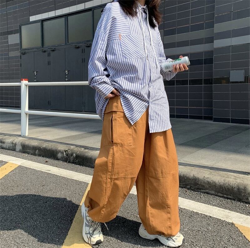 韓国っぽ ワイドシルエット ３カラー カーゴパンツ ワイドパンツ ダボかわ ストリート メンズライク ワイルド カジュアル 裾ドローコード バギー パンツ 古着っぽ Lamitte Deco トレンド 韓国ファッション ショップ Base店