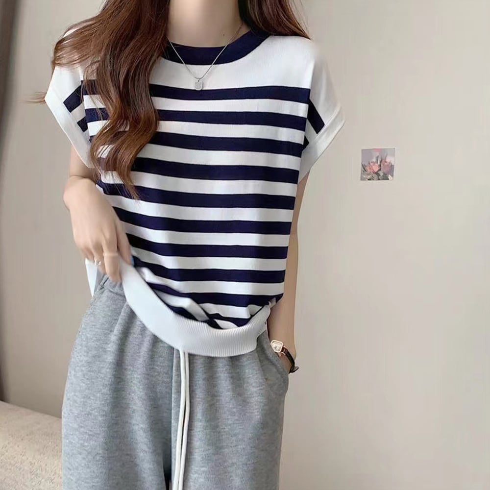 フレンチスリーブ ボーダー ニット レディース 春夏 韓国 おしゃれ 大人 カジュアル きれいめ 薄手 涼しい シンプル インナー トップス 大人可愛い 大人女子