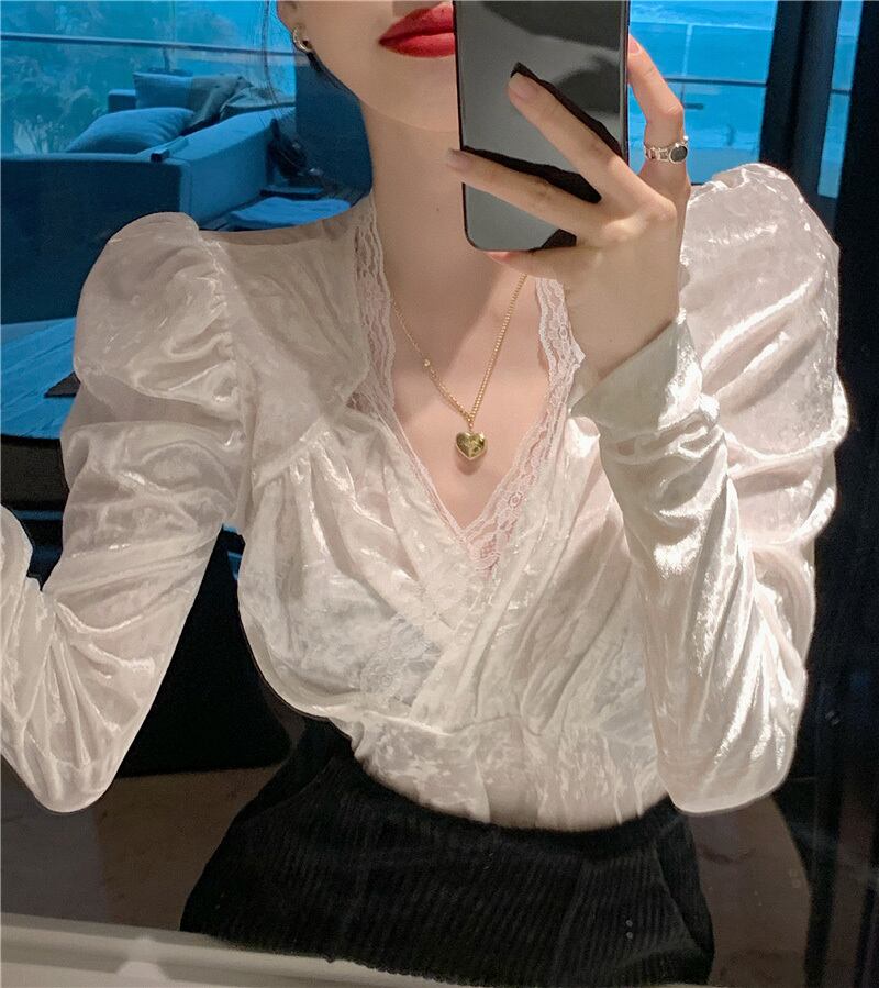 レースシャツ Vネックホワイトスリーブオータムウィンタースタイルトップス ロング 秋物 冬物 ブラックストロベリース90639453849