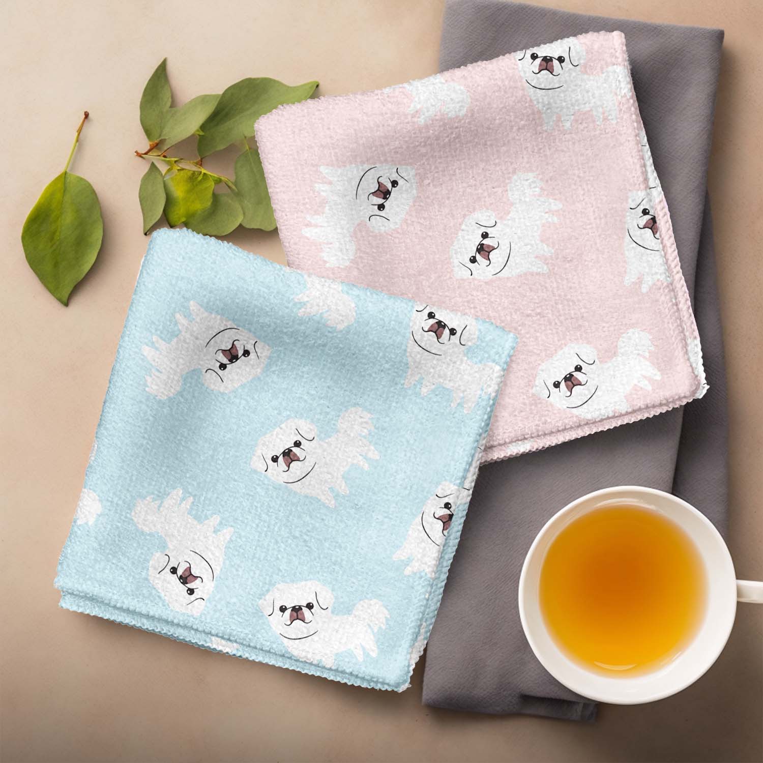 ペキニーズ パターン柄 】 パステルカラー ハンカチ 2枚セット 犬