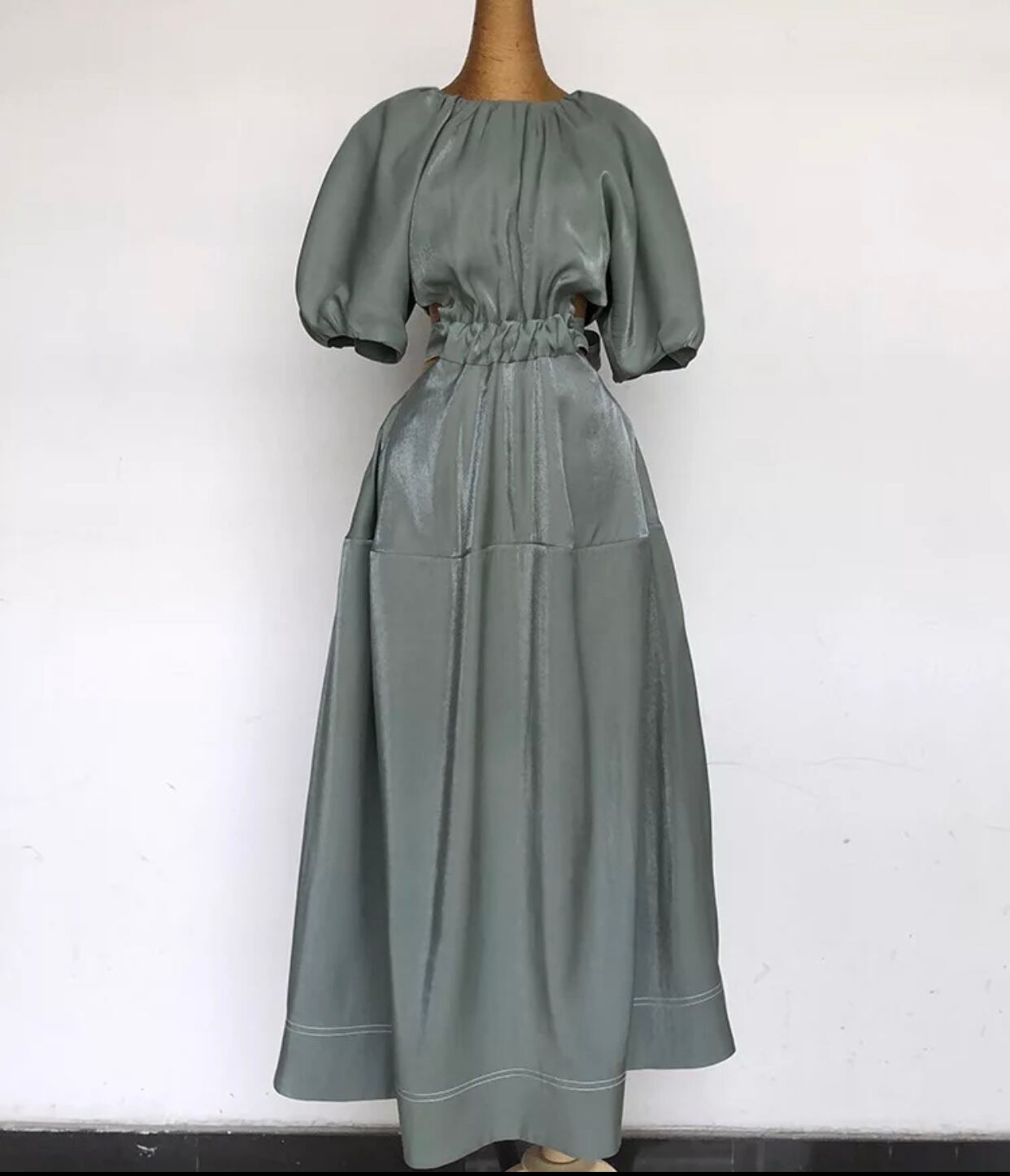 カーキー バックリボン バルーンスリーブ ロングスカート ワンピース 9style