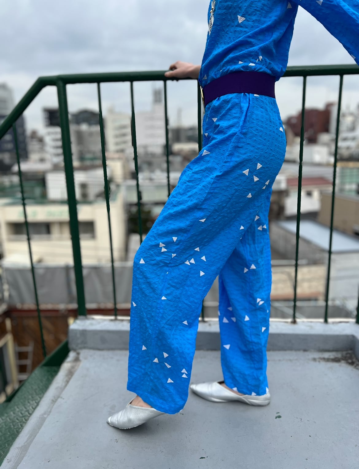 80s〜90s ヴィンテージ ジャンプスーツ Thermolite riri 80s blue × white triangle poly jumpsuits ( ヴィンテージ ブルー