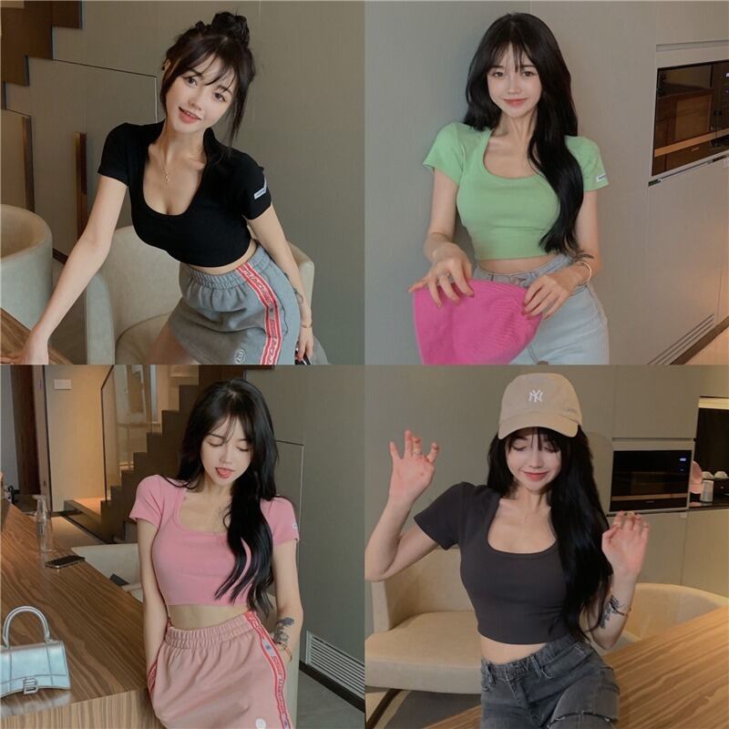 ショートTシャツ レディースサマーレッドスリムフードマルチトップス 夏物 YY-ファッション82987566943