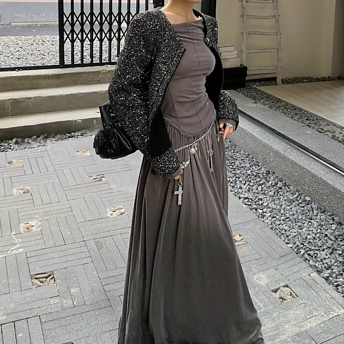 ベルベットフィットトップス＋フレアスカート セットアップ［XS-L  