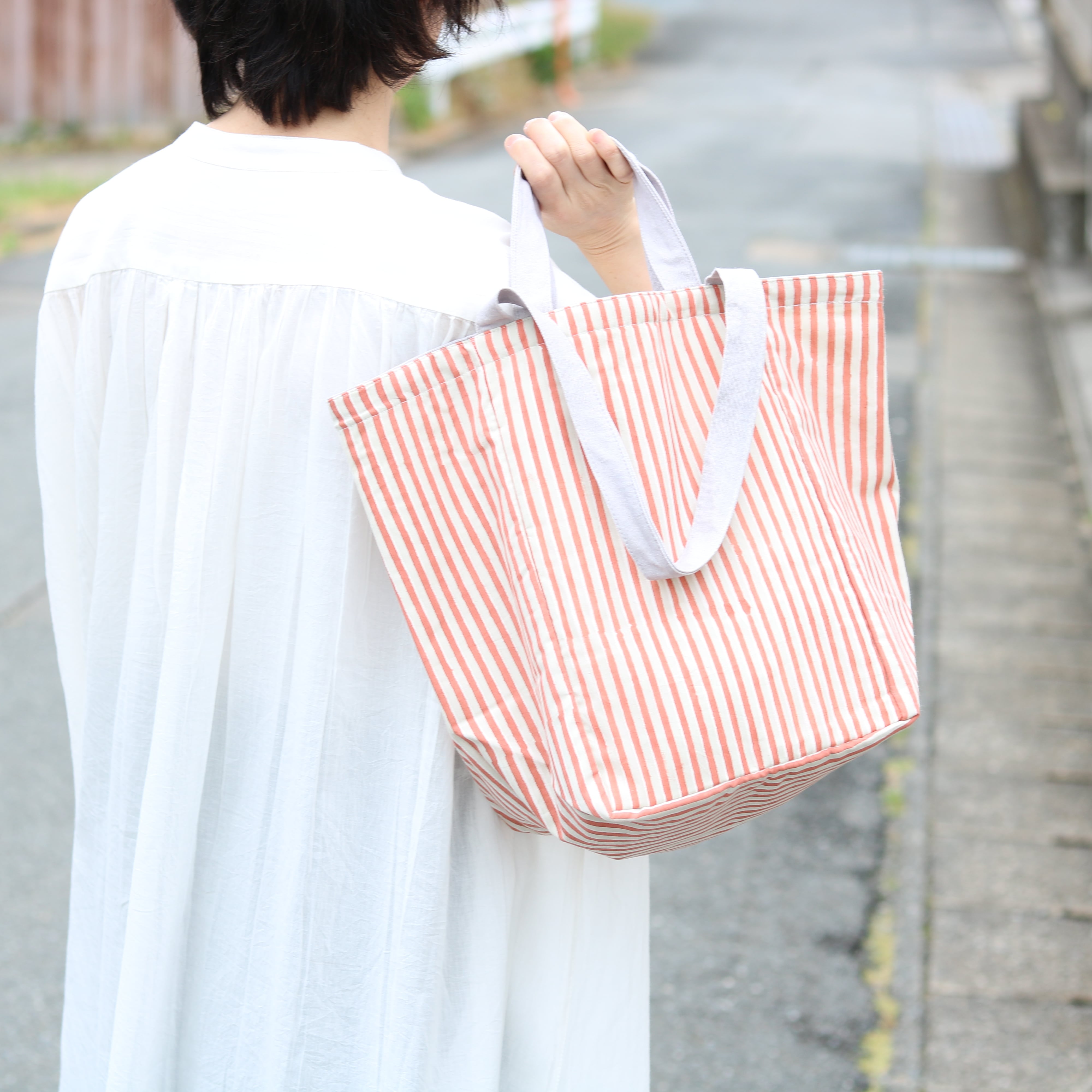 248.リネン　くったりトートバッグ　ストライプGY shesay ブロックプリント 2wayストライプ トートバッグ | Zakka so-la