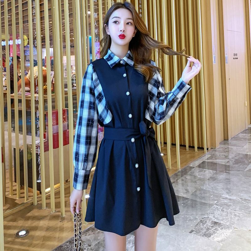 【新作】【送料無料】 マタニティウェア2020秋冬新作チェック柄フェイクツーピースラペルドレスバージョンミドル丈ドレス妊婦-アリババ オータム 秋物 ウィンター 冬物 expec294583037178