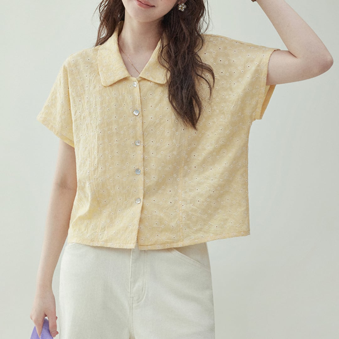 sweet yellow flower embroidered short shirt