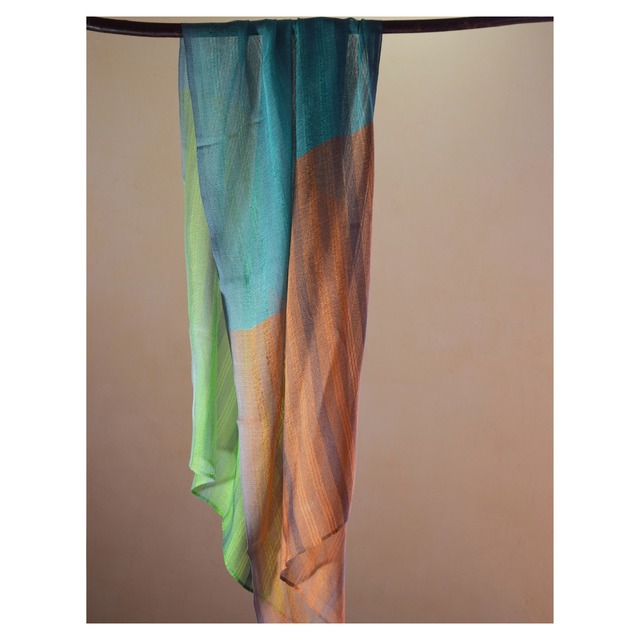 絹からみ織り青緑×黄緑×橙 | Silk Leno Weave Stole - deep teal × fresh yellow-green × warm amber