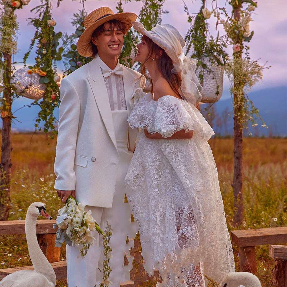 男女セット ウェディングドレス 結婚式 挙式 ノースリーブ オフ 