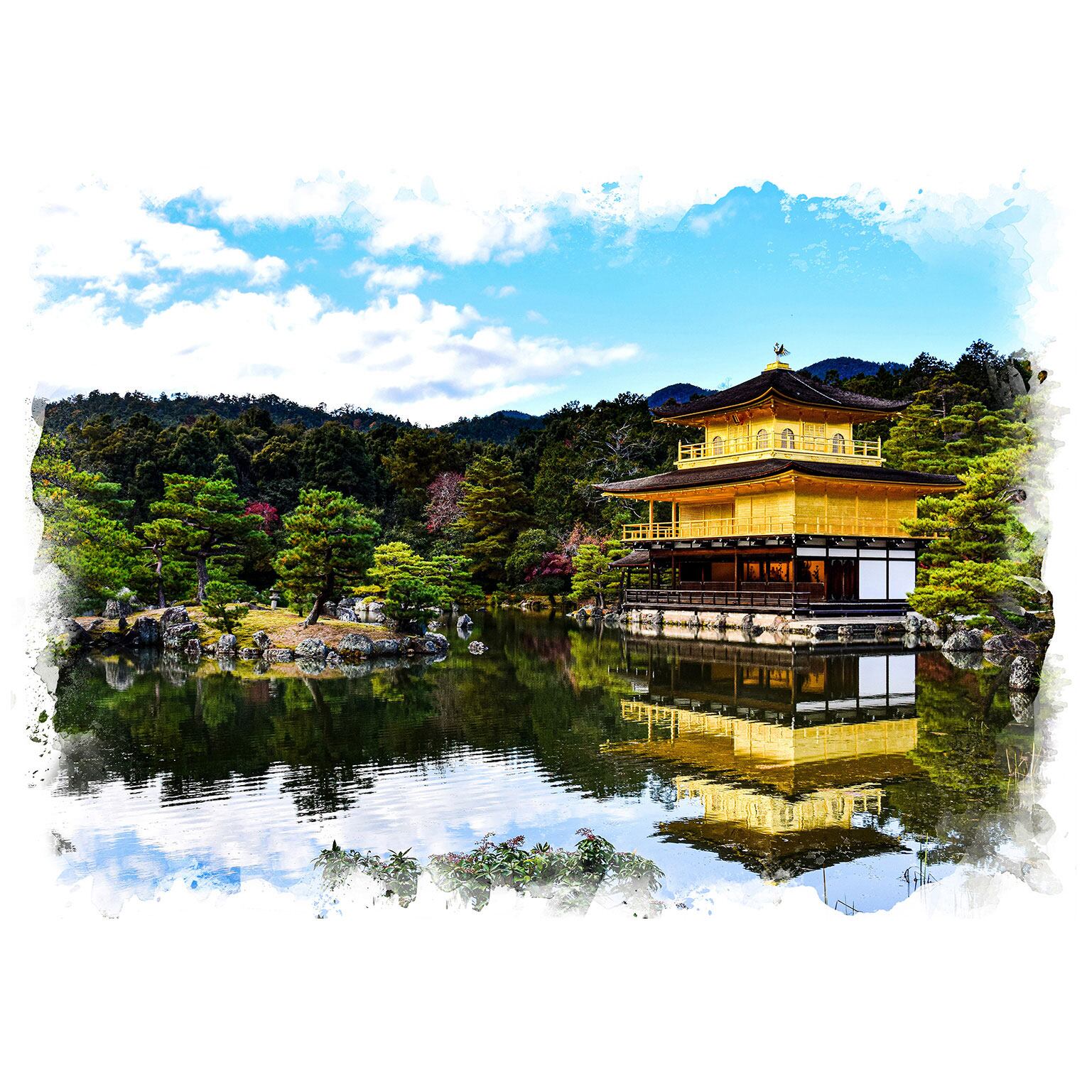 絵画 京都 金閣寺の風景 インテリアアート額付き 水彩画・油絵風 