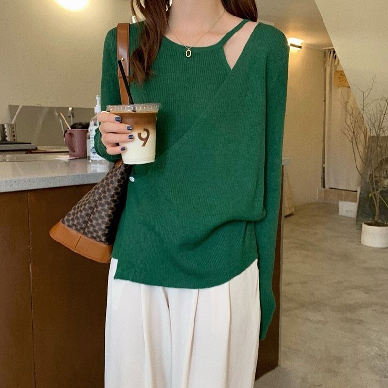 オータム薄手ニットセーター ツーピース ルーズスリムトップス ロング 秋物 オフショルダー 1号婦人93574639443