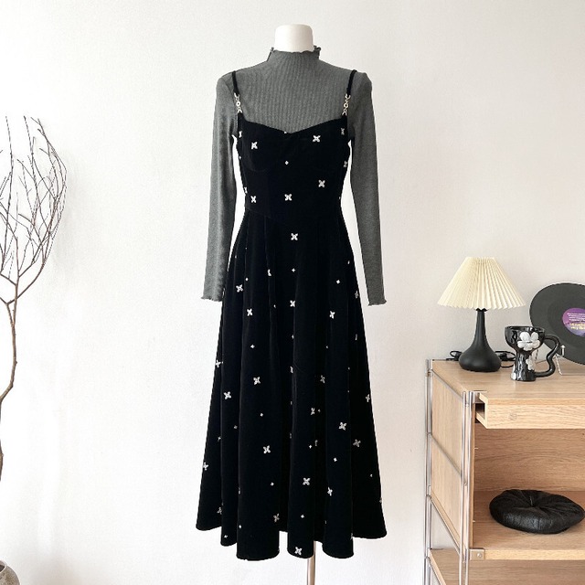 セットアップ グレー インナートップス+ブラック ビロード スリップワンピース S M L