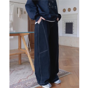 wide leg denim pants with stitch detail