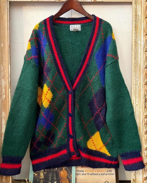 90s〜 "NELL FLOWERS"  Argyle  pattern mohair mix cardigan 【L 】
