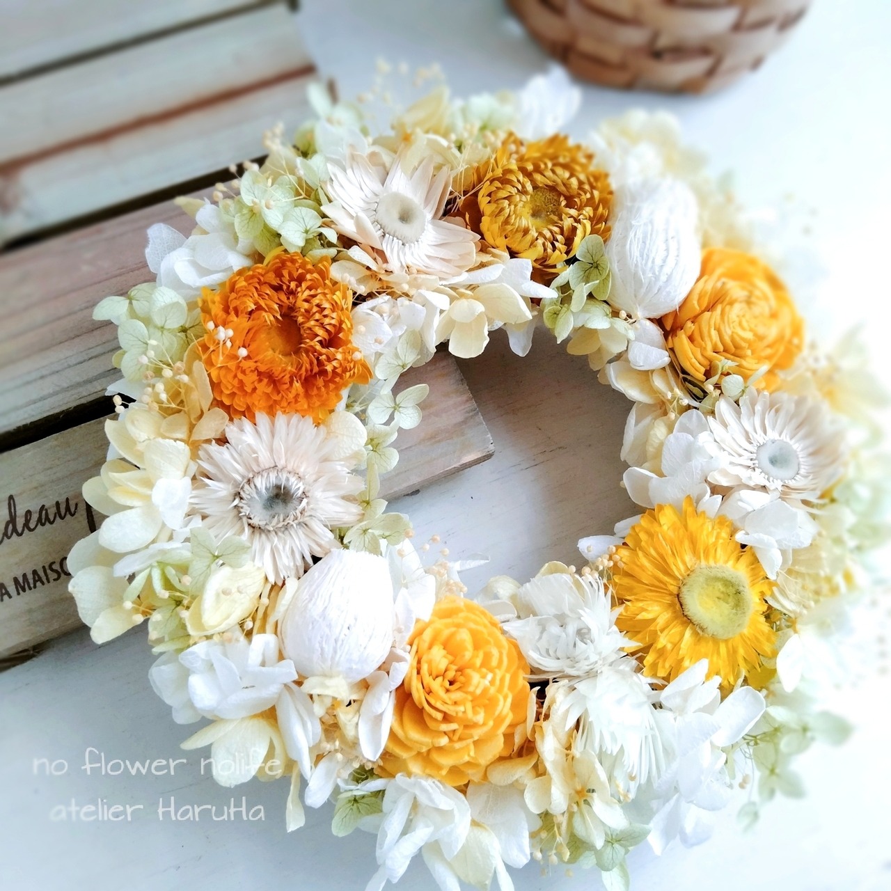 ドライフラワープリザーブドフラワーリース(ホワイトイエロー  