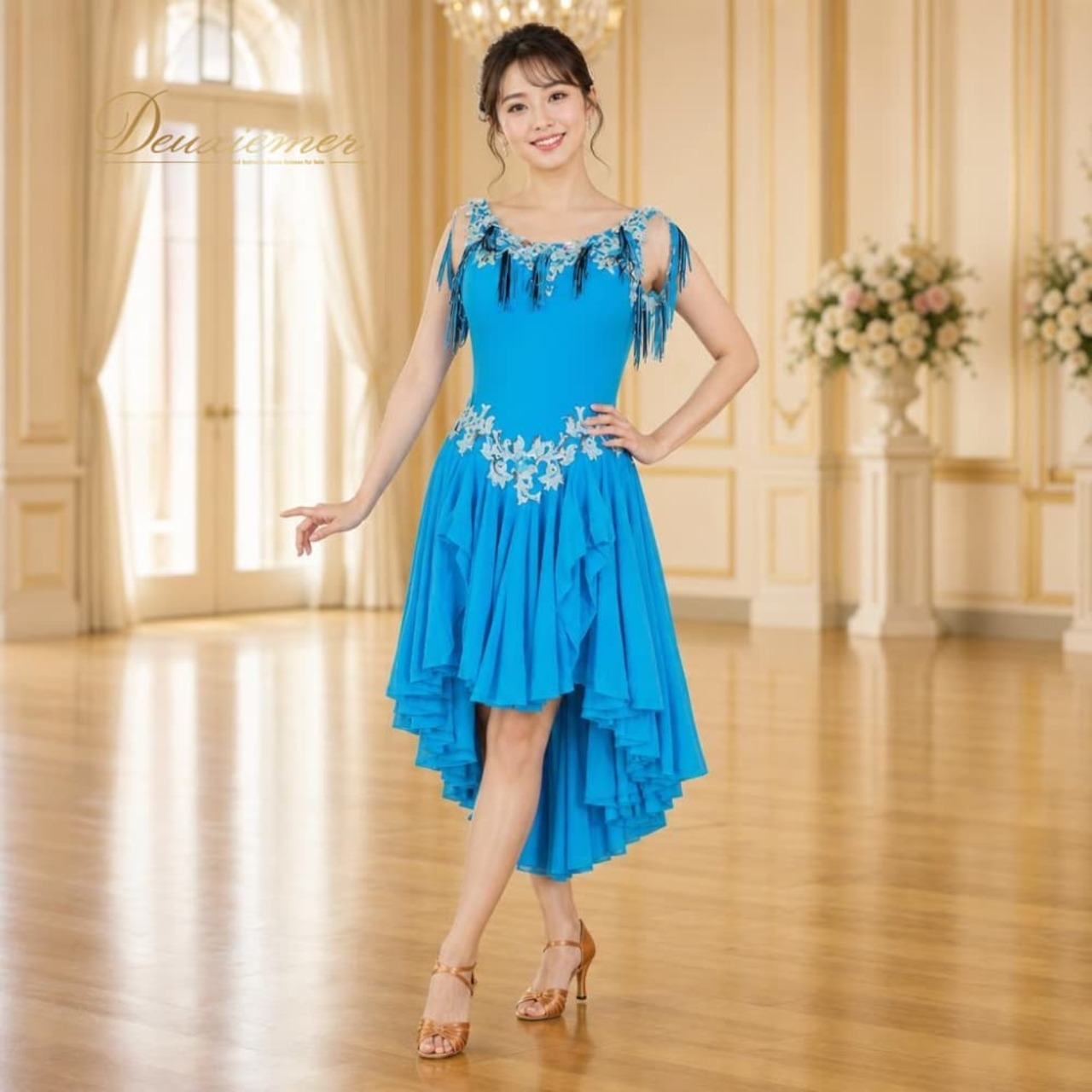 社交ダンス 衣装 Lovely Dancing ドレス ワンピース ラテン ブルー系 水色 白 黒 フリンジ ターコイズ 鮮やか かわいい アームカバー ダンス衣装 イベント ステージ パーティー ラインストーン 伸縮 ストレッチ ホワイト系 ブラック系