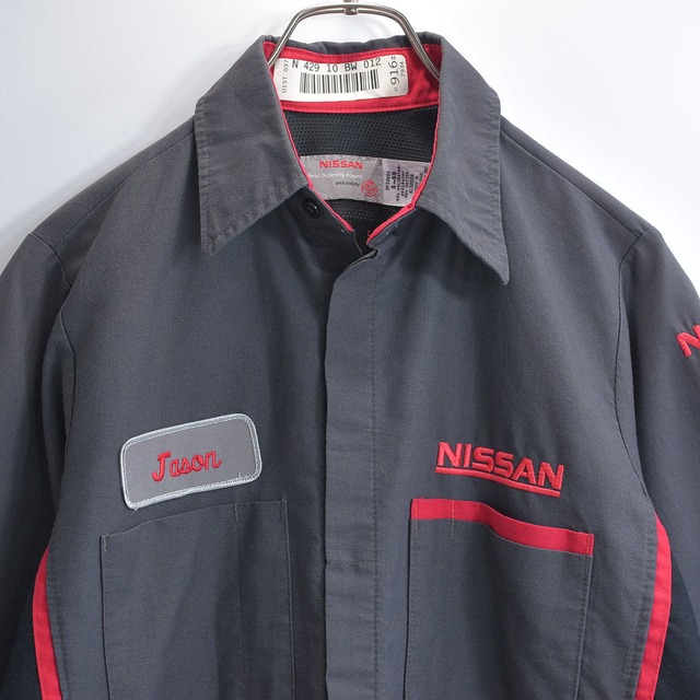 00s RED KAP レッドキャップ NISSAN ワークシャツ ワッペン 刺繍入り 半袖 シャツ 切替デザイン グレー ブラック レッド 日産 自動車 作業服 ヴィンテージ ビンテージ アメリカ古着 メンズ Sサイズ