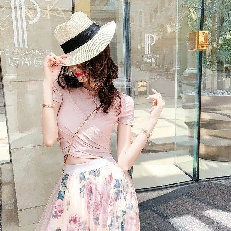 セットアップ バッグリボン半袖トップス&花柄チュールスカート ピンク