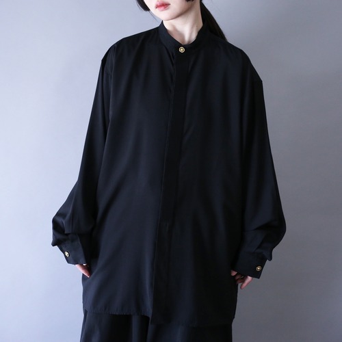 "刺繍" black one tone design fry-front band collar minimal mode shirt