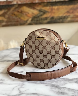 GUCCI グッチ　ロゴプレート　GGキャンバス　レザー　サークル　ラウンド　ミニバッグ　ポシェット　ショルダーバッグ　ベージュ×ブラウン　vintage　ヴィンテージ　オールドグッチ　fpg7wa