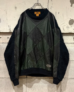 【Caka otto】 Leather Switching Design Vintage Loose 3D Knit