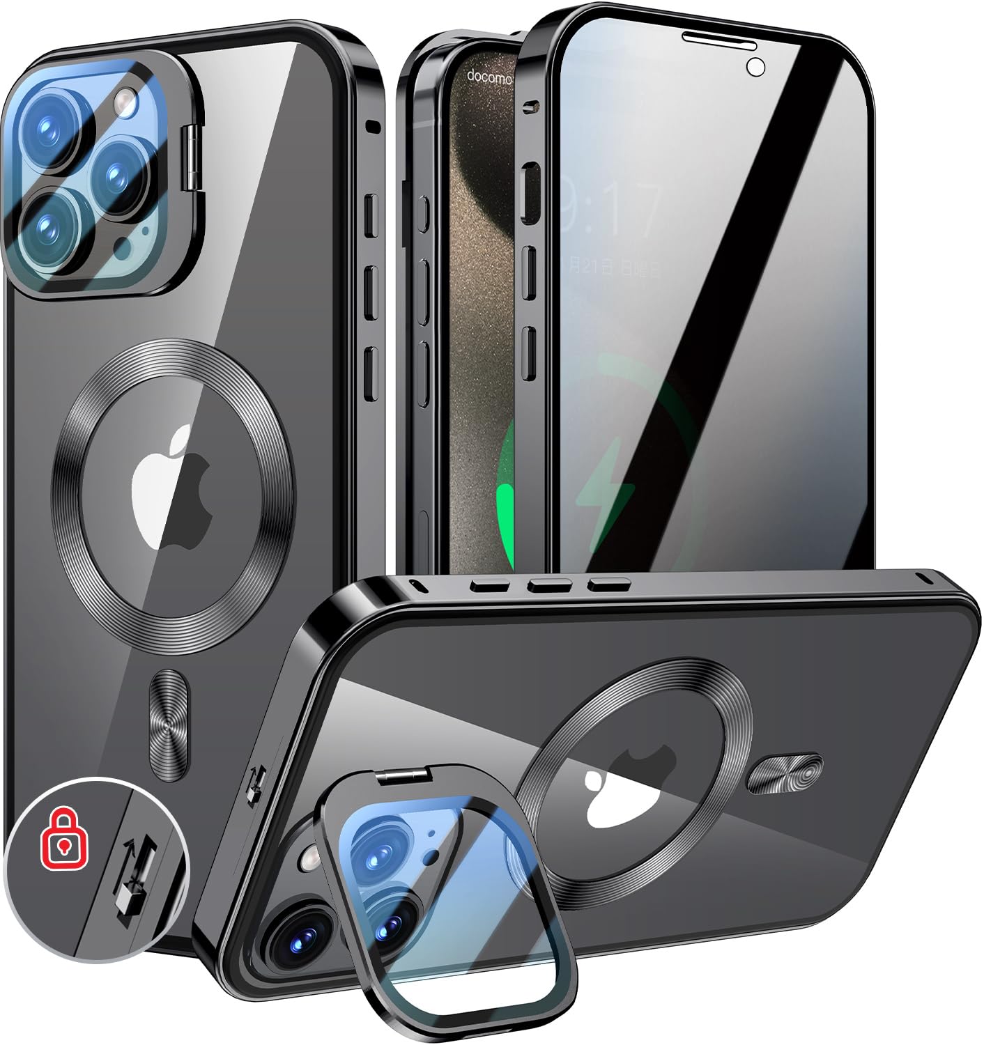 KELLCASE【カメラレンズ保護・スタンド+覗き見防止+MagSafe対応 】iPhone 15 Pro 用 ケース 全面保護 自動ロック付き