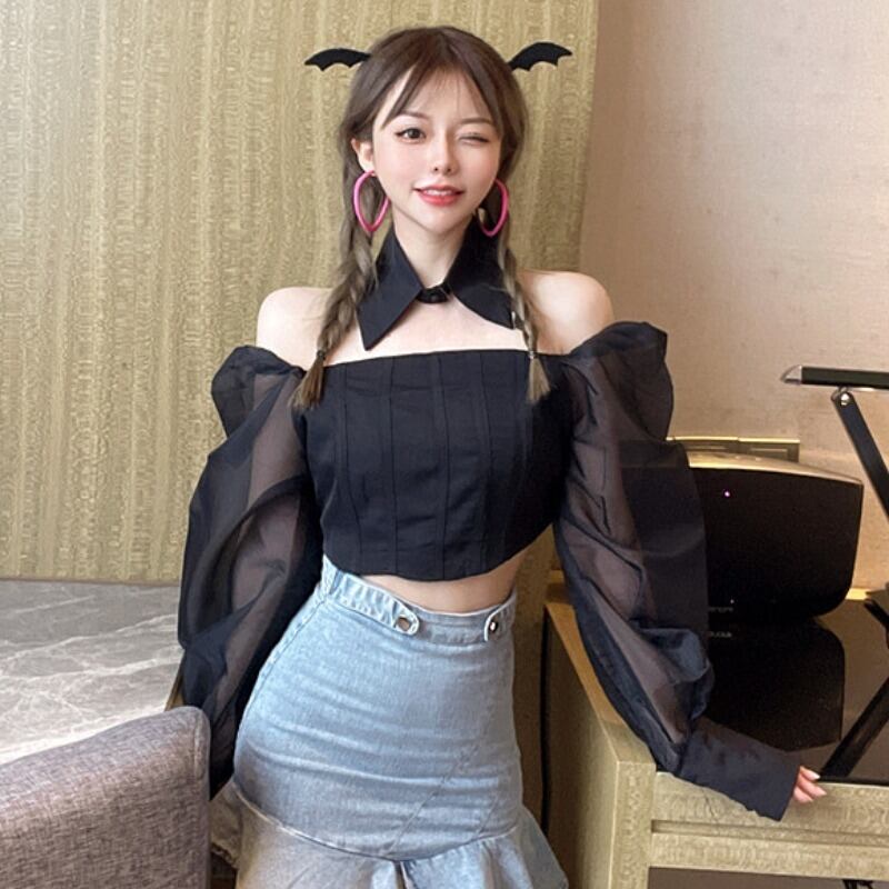 シャツ オータムシフォントップス ロング 秋物 ハンチェンe71670785971