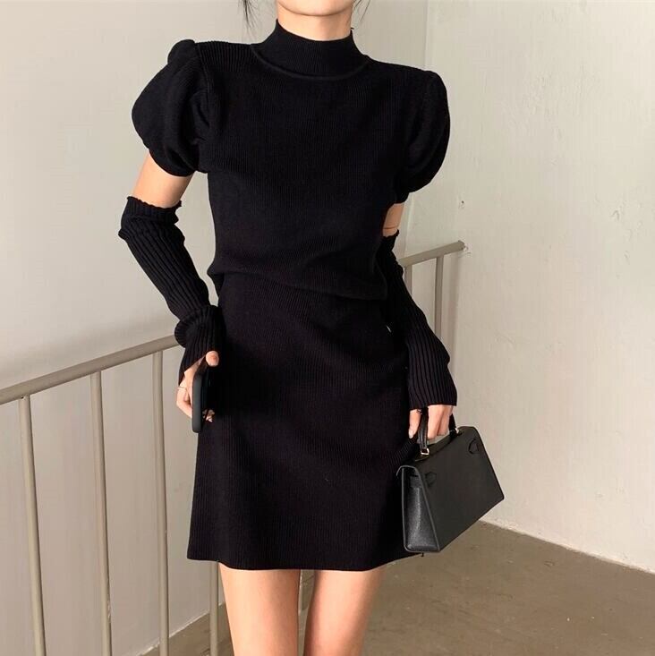 アームウォーマー付きニットワンピV01903