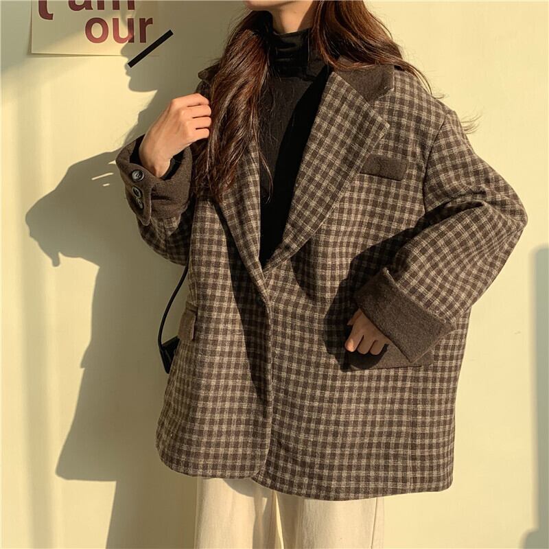ショートコート チェック柄 韓国ファッション レディース ジャケット ショート丈 シングルボタン 厚手 レトロ / Loose plaid  collar cotton thickness middle coat (DTC-609546941893) | Value Rave