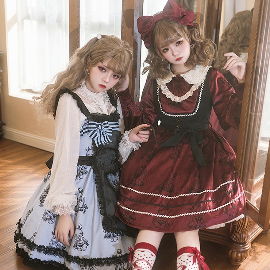 ロリータ クラロリ フェイク ツーピース ワンピ JSK うさぎプリント柄