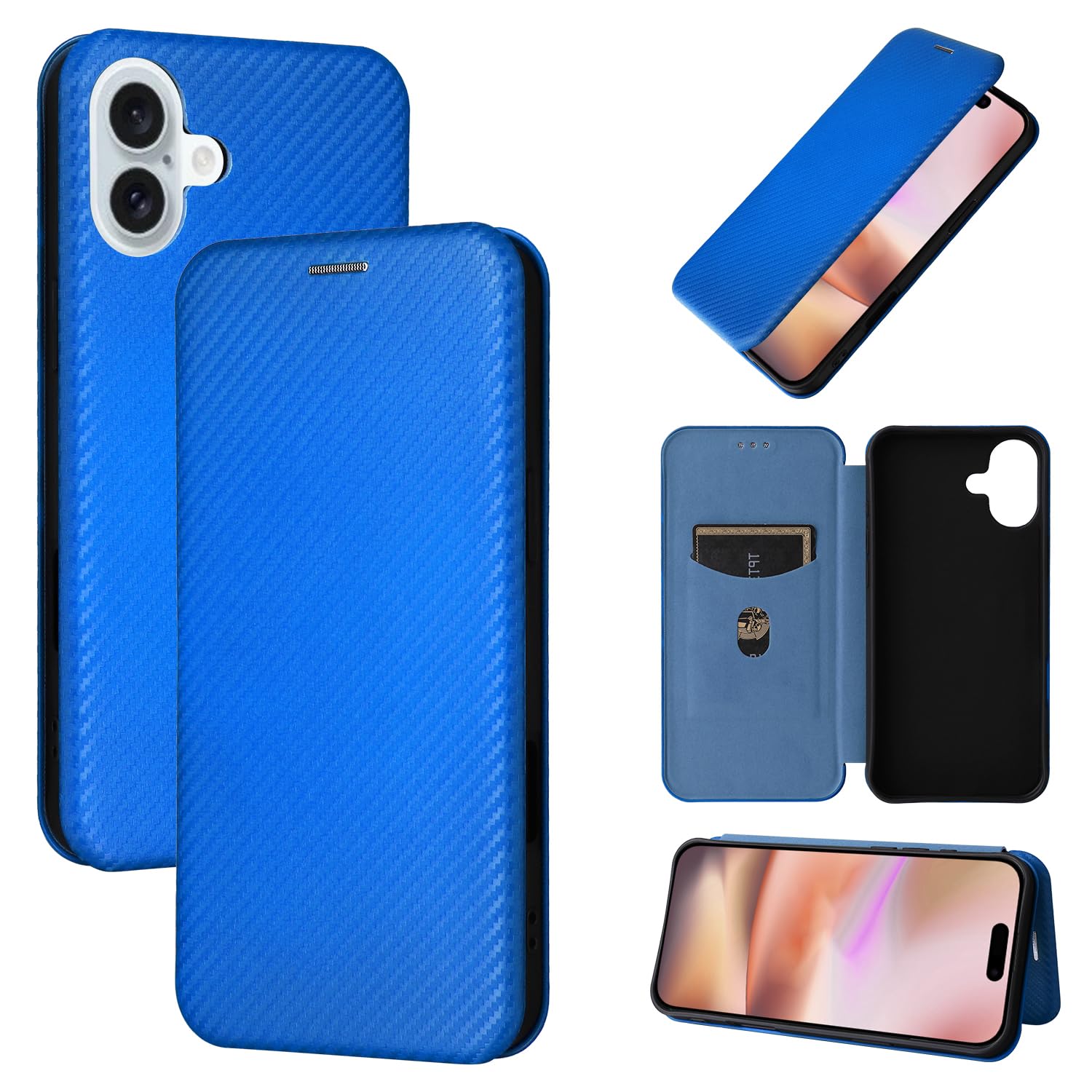 Pelanty for iPhone 16 ケース手帳型 炭素繊維調 for iPhone16 携帯カバー 軽量薄型 財布型 カード収納 アップル アイフォン16 スマホケース マグネット ストラップ付き 耐衝撃 全面保護-ブルー
