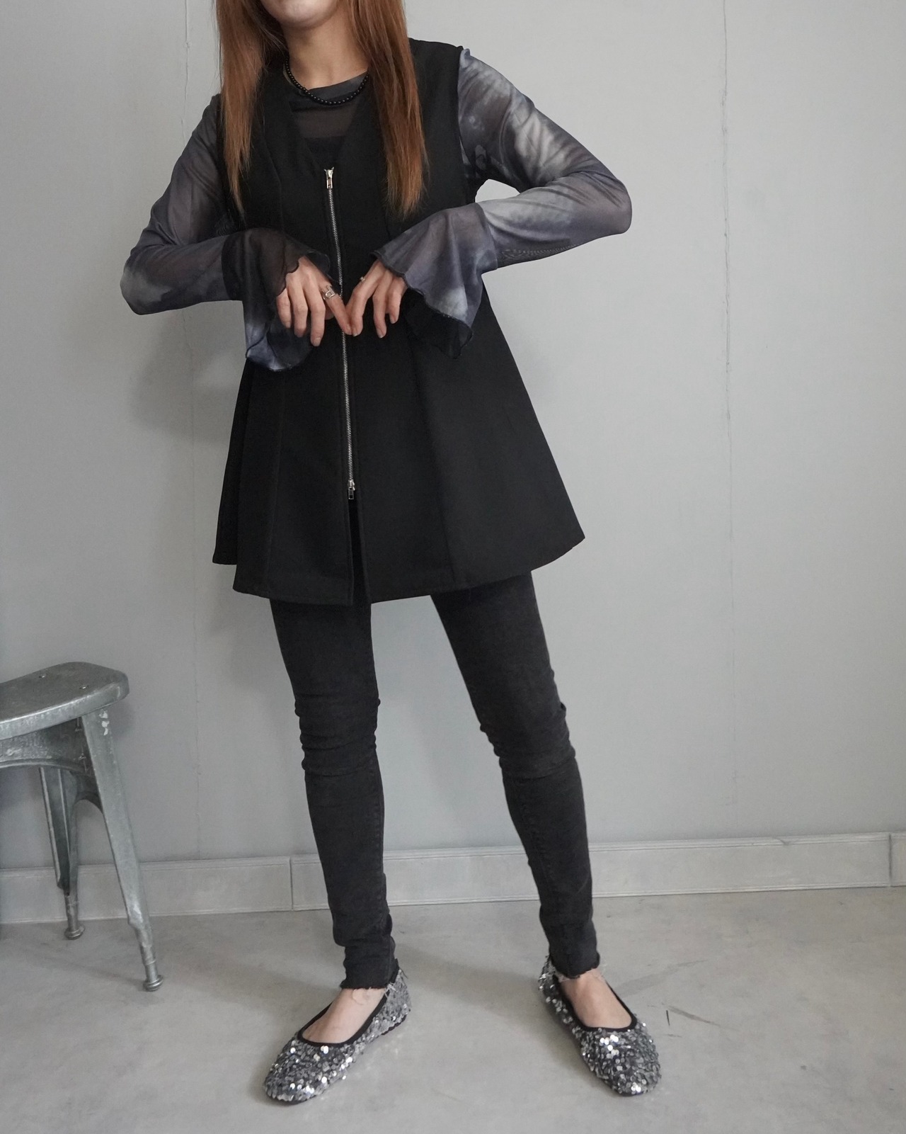 unbalance hem stretch デニムpt／Black