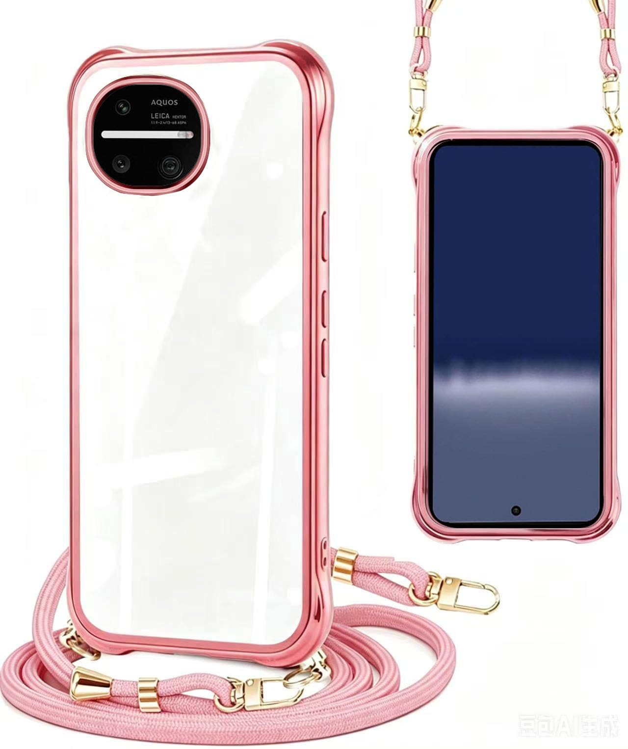 AQUOS R11 ケース AQUOS R11 カバー クリア ショルダーストラップ スマホケース 耐衝撃 カバー サムスン 肩掛け 斜めかけ 縄掛け韓国 透明 TPU ストラップ付き 携帯ケース メッキ加工 薄型 軽量 紐付き 斜めがけ 織り ネック 取り外し可能 ワイヤレス(ローズゴールド)
