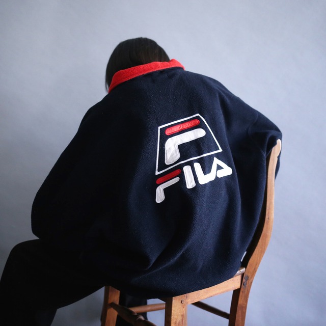 "FILA" over silhouette front and back logo embroidery half-zip fleece pullover