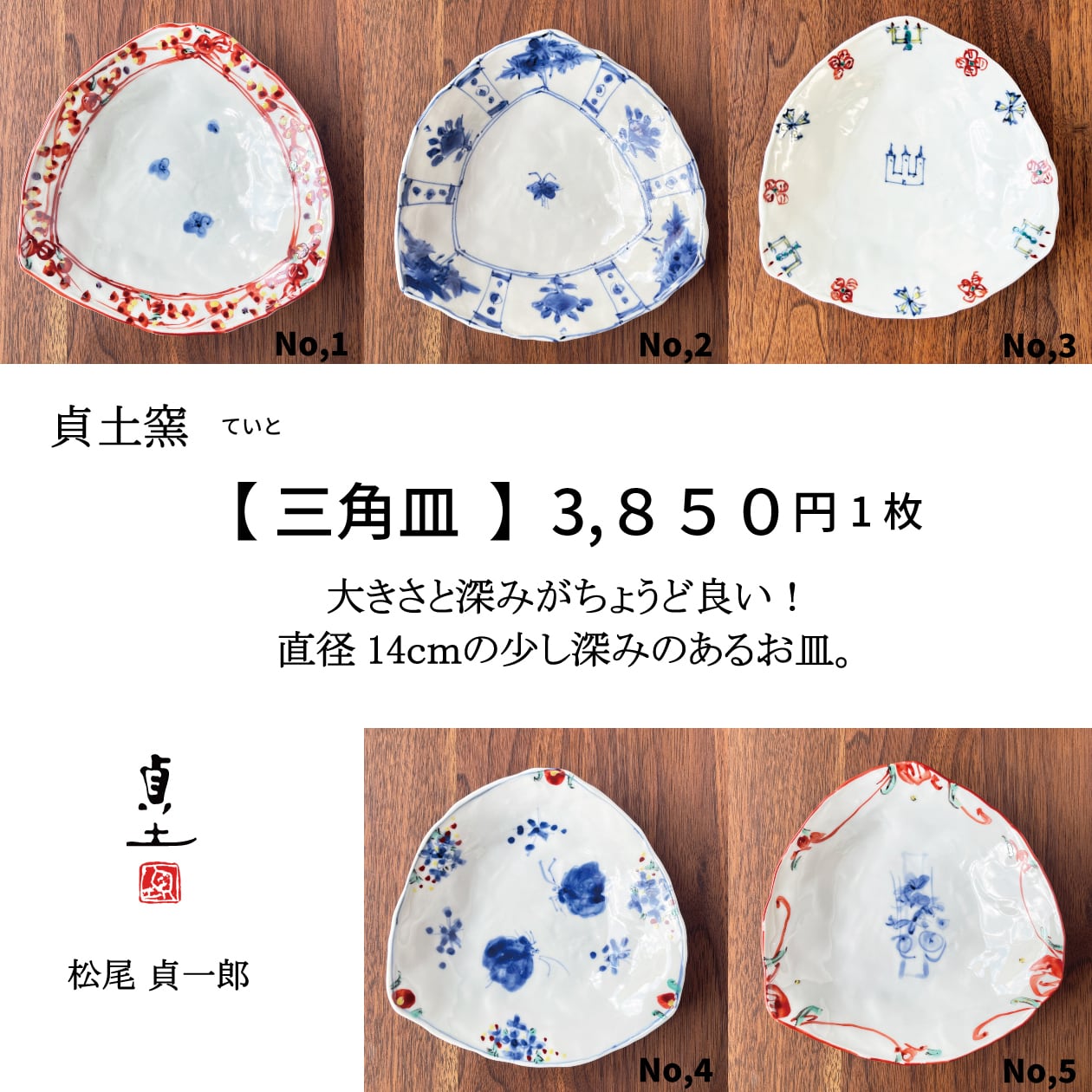 松尾貞一郎 ｜ 三角皿（NO,1 赤絵渕唐草 NO,2 芙蓉手 No,3お城図 NO,4