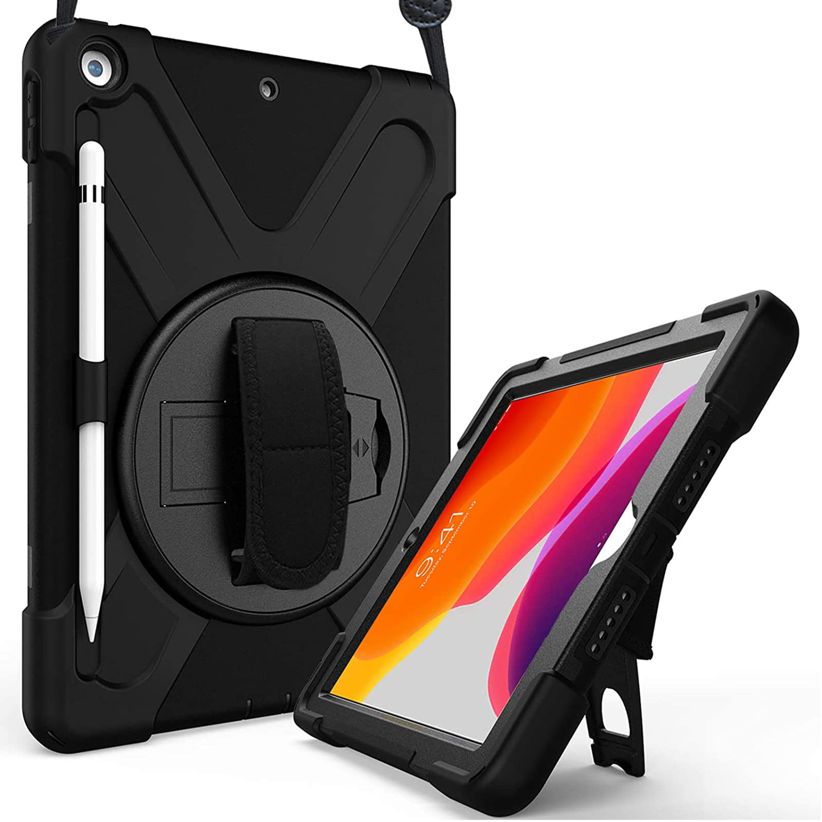 ProCase iPad 9/8/7 10.2” 耐衝撃カバー(2021 2020 2019) ペン収納 360°回転スタンド 手首付き 3層保護デザイン -ブラック
