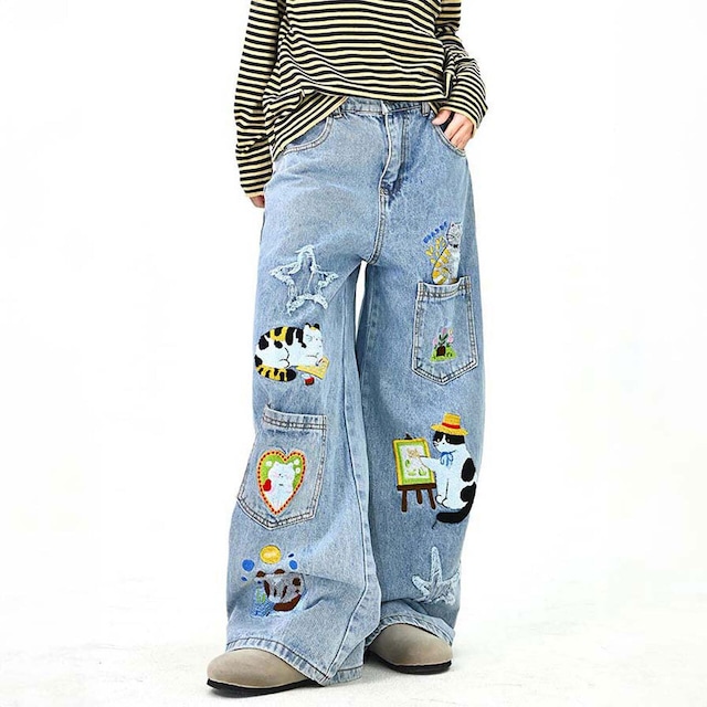 キャットアートエンブロイダリーデニムパンツ
1col R01651
