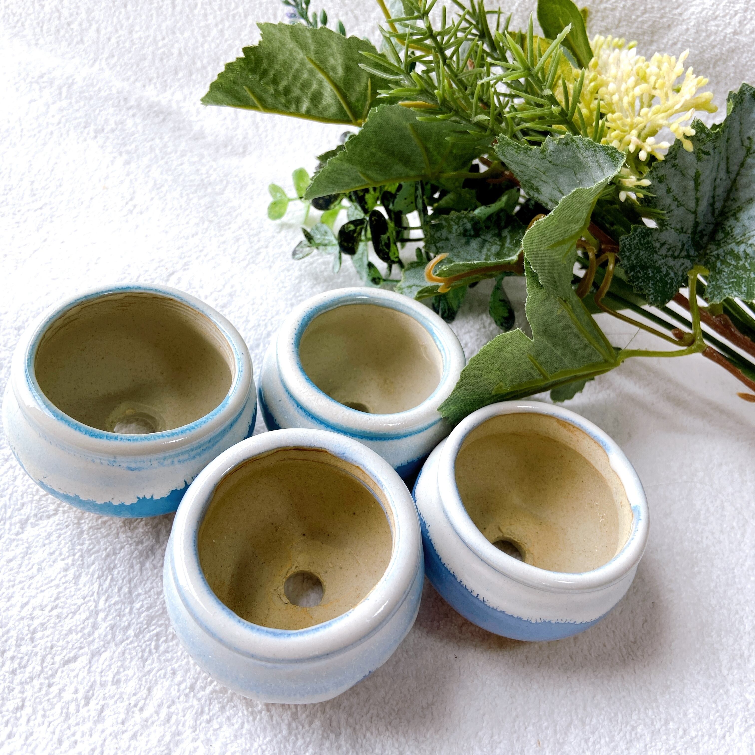 薄水紫色と水色の陶器植木鉢4点セット】 多肉植物・小品盆栽用に 北欧