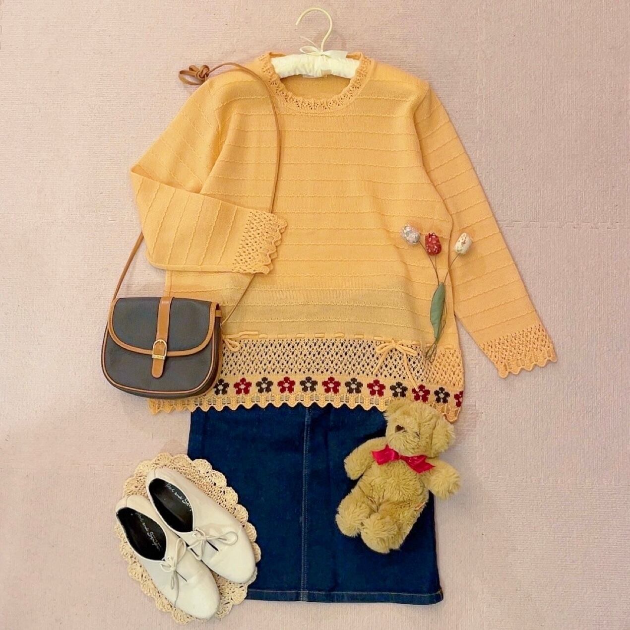 orange flower ribbon openwork knit sweater