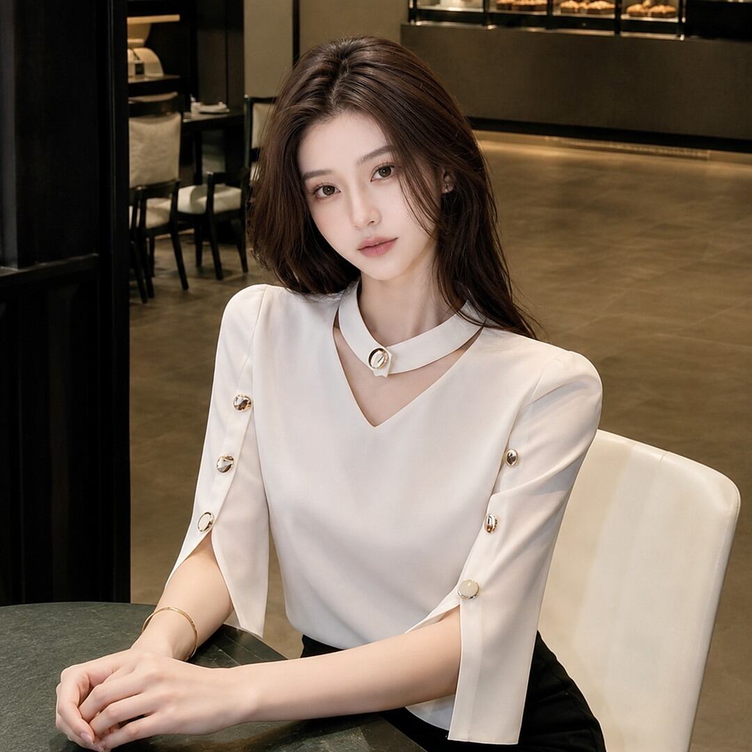 V-neck Button Slit Blouse V3400