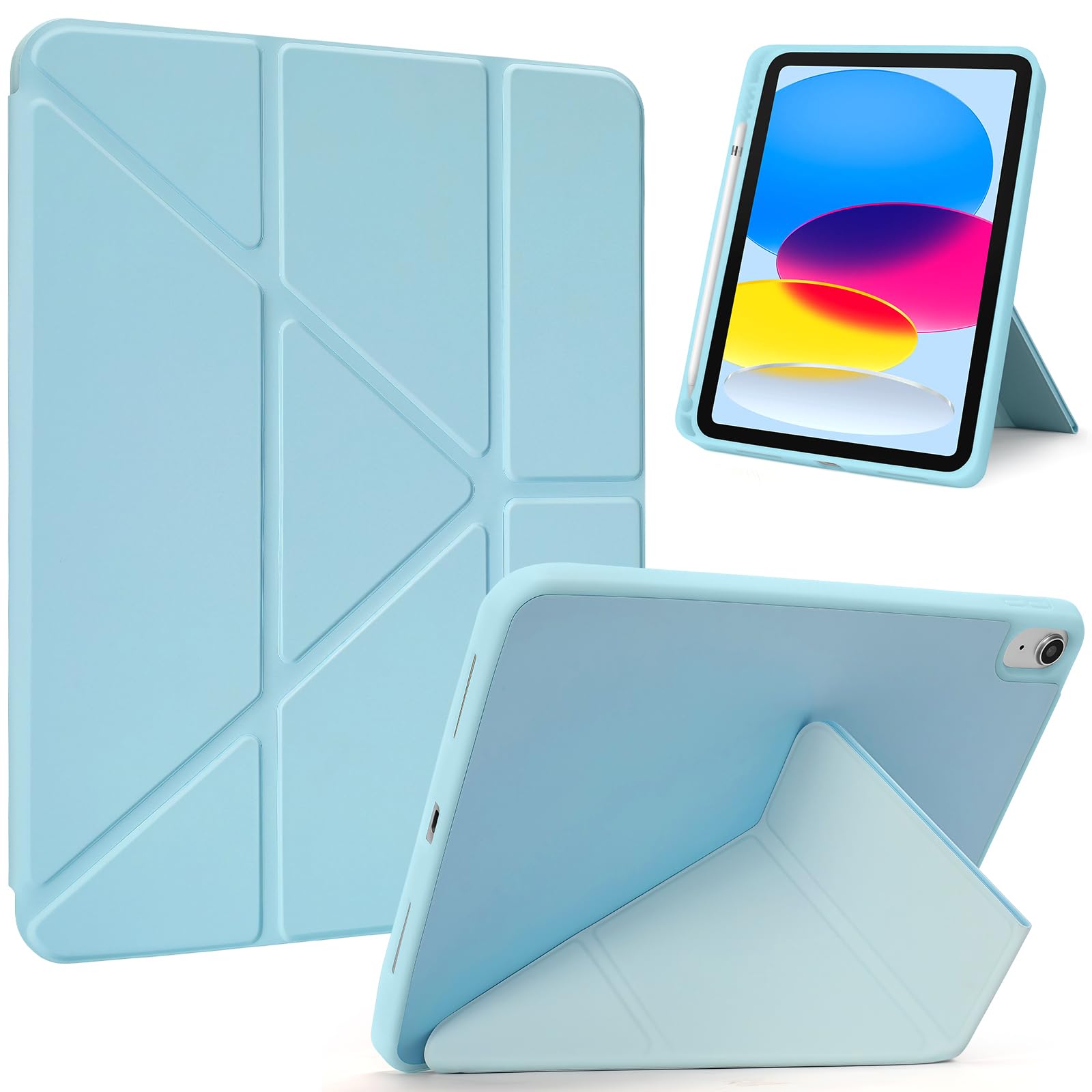 iPad 11世代 A16 / 10世代 ケース 2025 / 2022 11 / 10.9インチ 対応 三つ折りスタンド 横置&縦置可能 ペンシル収納ホルダー付き 軽薄 軽量 オートスリープ機能対応 耐衝撃 (スカイブルー)