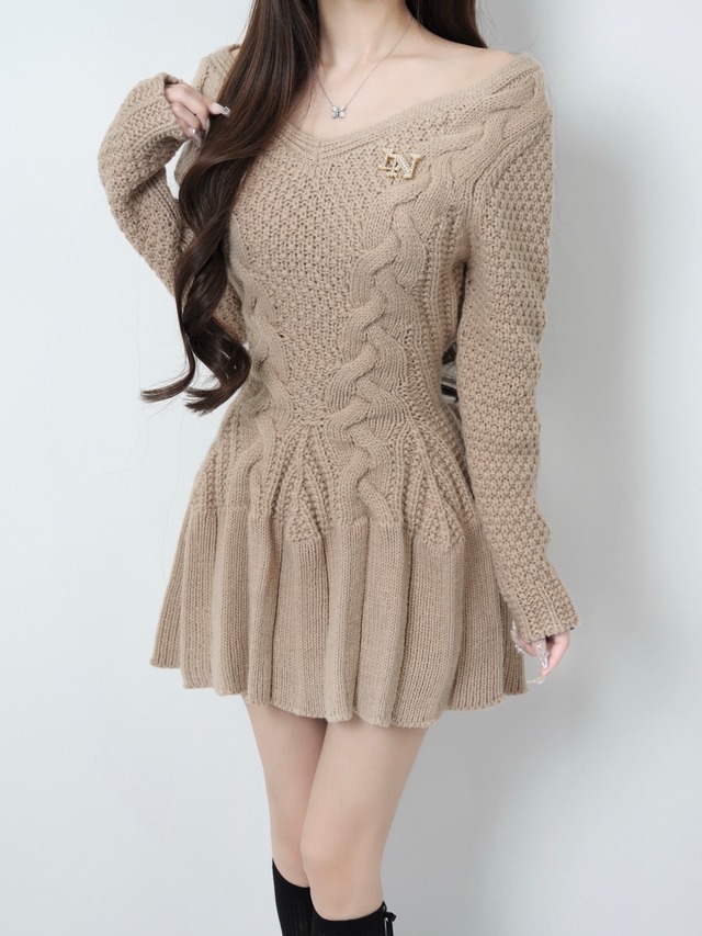 Lumignon original ♥ Cable knit ribbon flare dress【ベージュ】