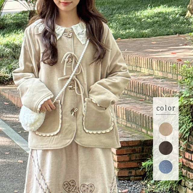 レース襟リボンボタンデザインジャケット W1581