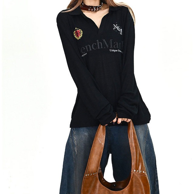 エンブレムグラフィックルーズフォルムポロトップス 2col   R01914