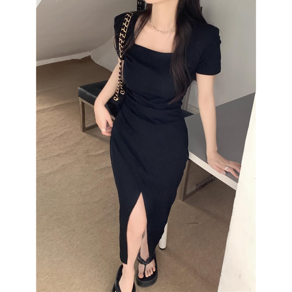 スクエアネックブラックスリットロングワンピース | 韓国/ワンホン