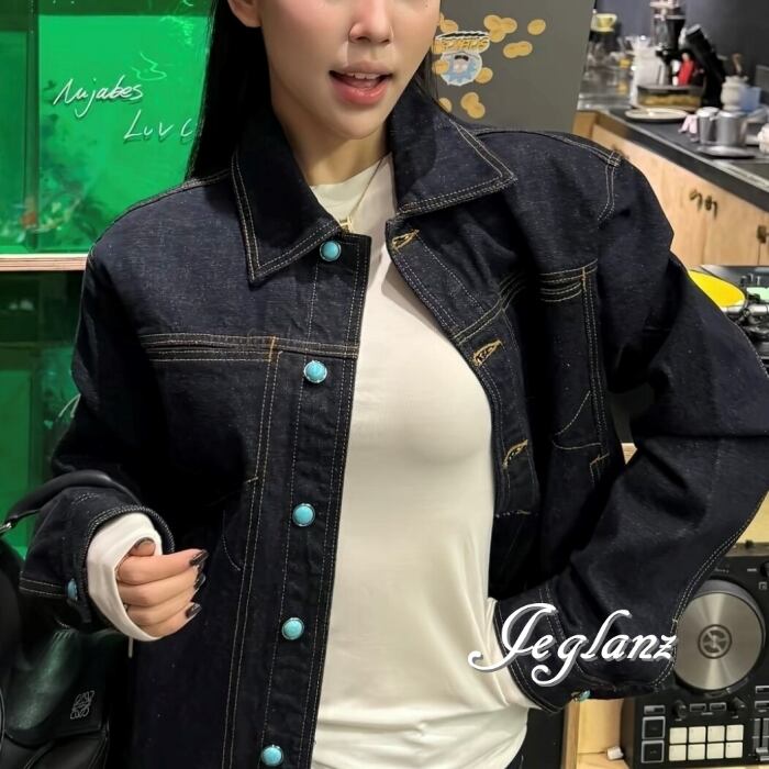 カラーボタン デニム ジャケット オーバーサイズ ユニセックス(MD388)τ