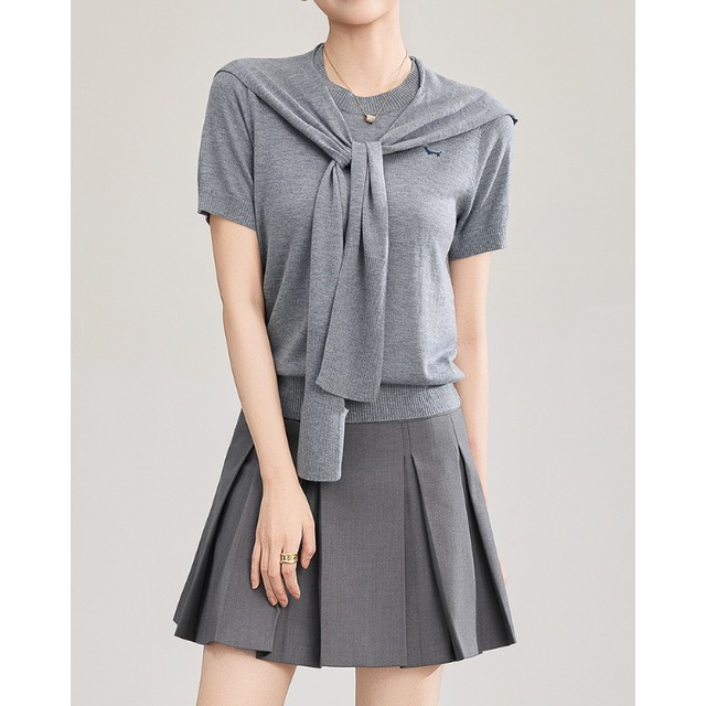 Knit Top Layered Scarf Style Short Sleeve Set 2Colors 2603014