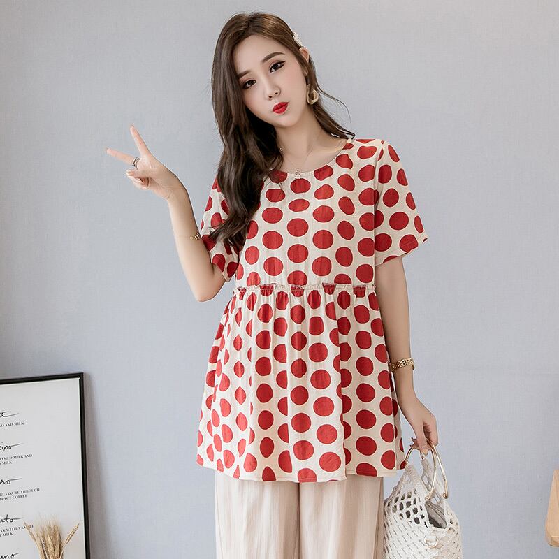 【新作】【送料無料】 111＃3スタイルドットプリントリネンマタニティシャツサマーAラインルーズチュニック服妊婦妊婦トップス 夏物 AL expec365521415831
