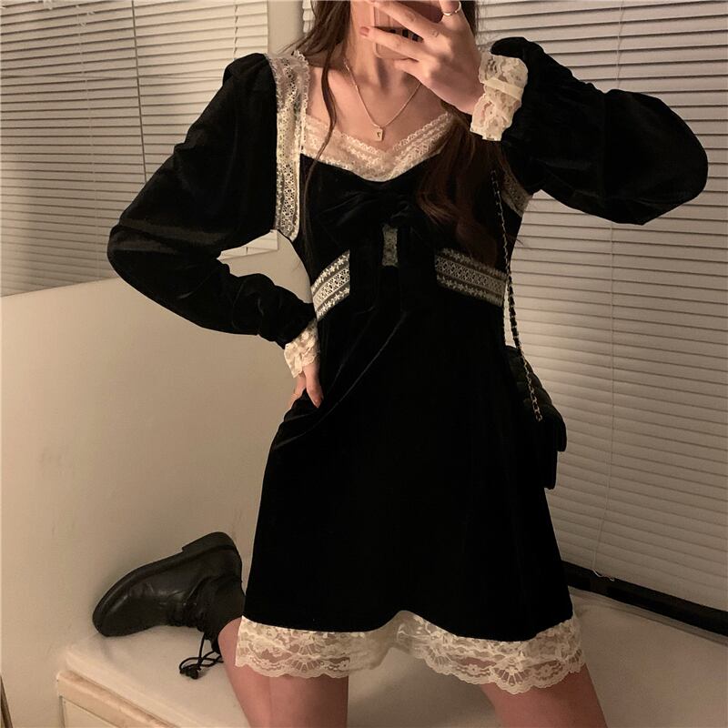 ゴールドベルベットレースドレス レディーススプリングオータムブラックショートスカート スリム ロング 春物 秋物 ブラックストロベリース46951267383