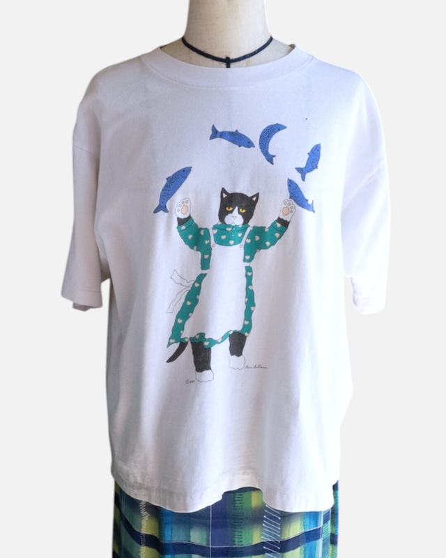 【古着】ジャグリング魚!! エプロンハチワレ猫 T